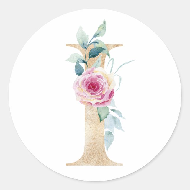Sticker Rond Aquarelle lettre I avec rose (Devant)