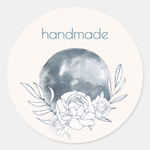 Sticker Rond Aquarelle Lune & Botanique Art bleu gris Motif