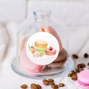 Sticker Rond Aquarelle Macarons avec cerise