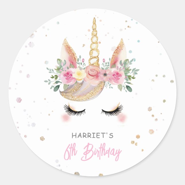 Sticker Rond Aquarelle Magique Unicorn Visage Anniversaire (Devant)