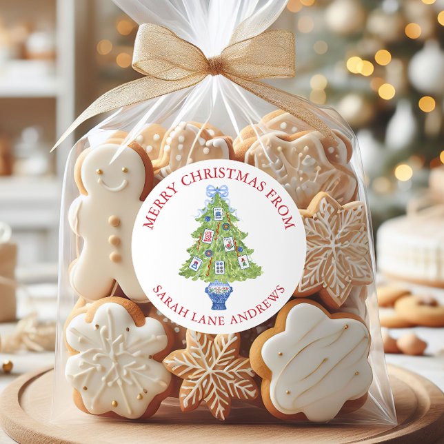 Sticker Rond Aquarelle Mahjong cadeau d'arbre de Noël (Créateur téléchargé)