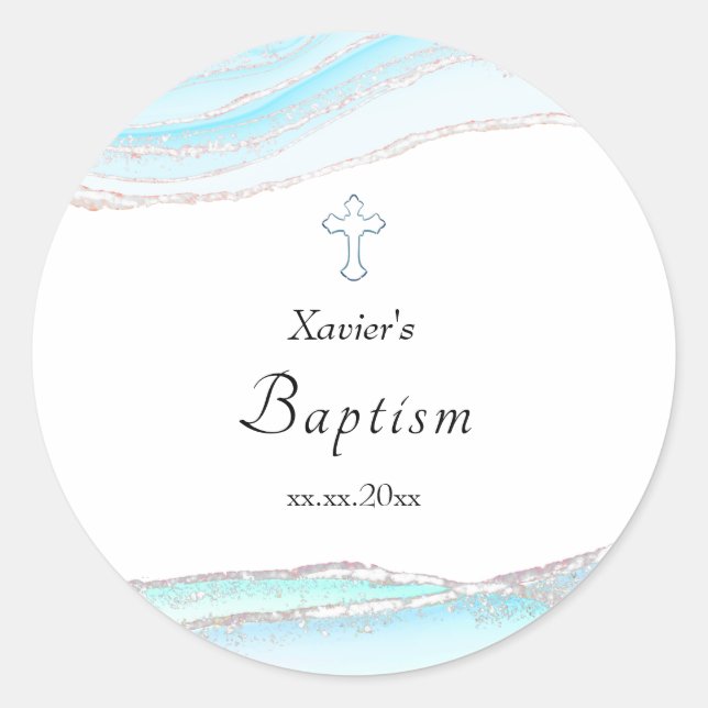 Sticker Rond aquarelle marbre bleu Baptême (Devant)