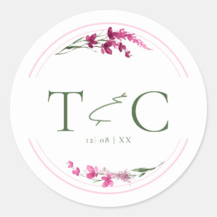 Sticker Rond Aquarelle Mariage fleur sauvage Initiales Fuchs ID