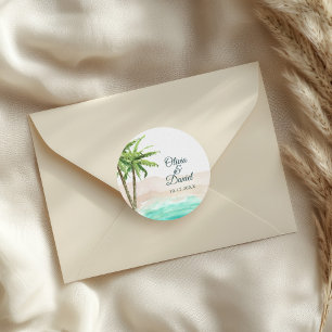 Sticker Rond Aquarelle Mariage Plage Sableuse Turquoise