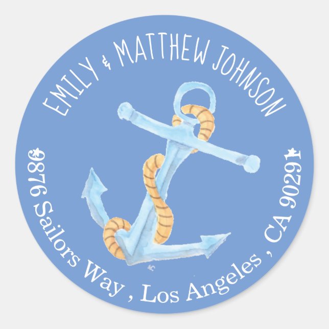 Sticker Rond Aquarelle marine Ancre Bleu Adresse de retour (Devant)