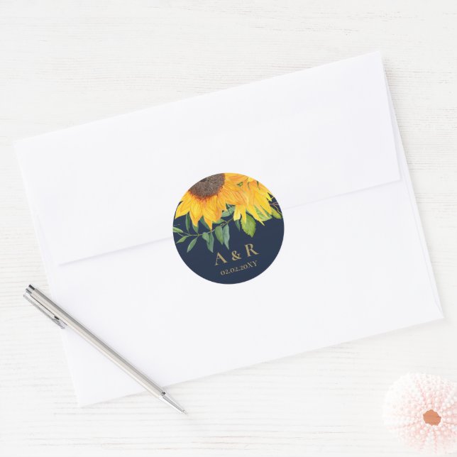 Sticker Rond Aquarelle Marine Bleu Tournesol Mariage rustique (Enveloppe)