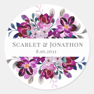 Sticker Rond Aquarelle marine et Mariage floral pourpre