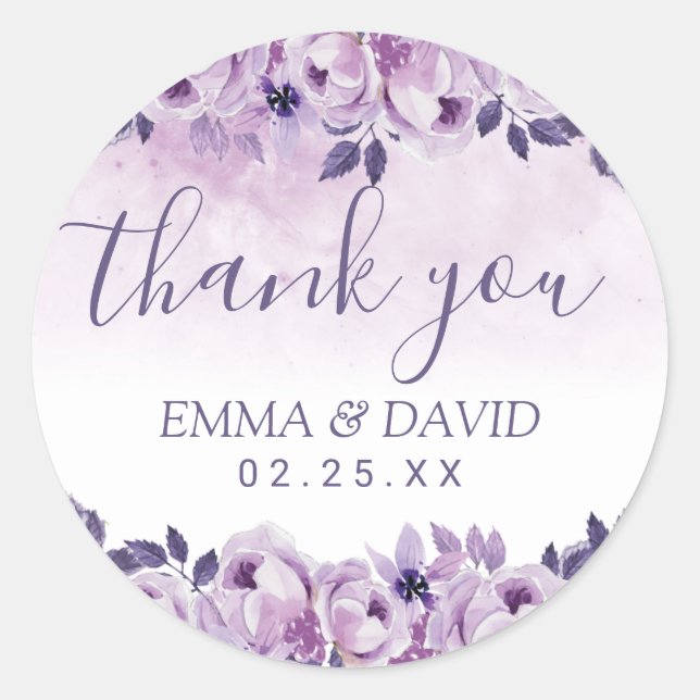 Sticker Rond Aquarelle Mauve Floral Élégant Merci de mariage (Devant)