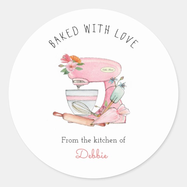 Sticker Rond Aquarelle mélangeur de gâteau rose (Devant)