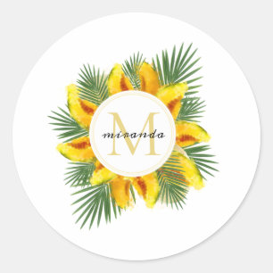 Sticker Rond Aquarelle Melon Feuille Tropical Wreath Monogramme