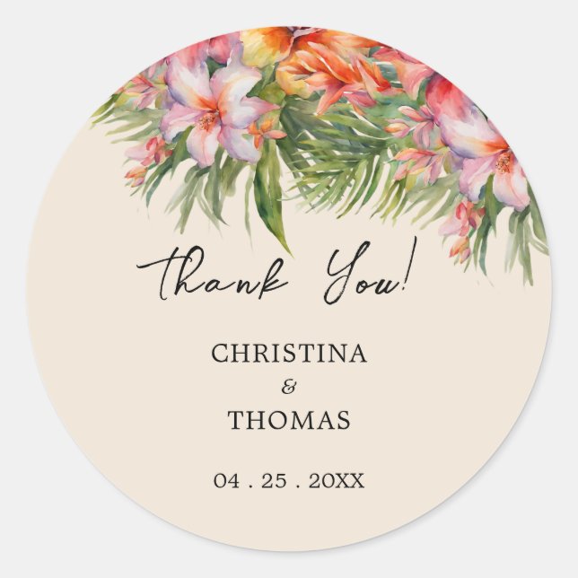 Sticker Rond Aquarelle Merci Mariage tropical (Devant)