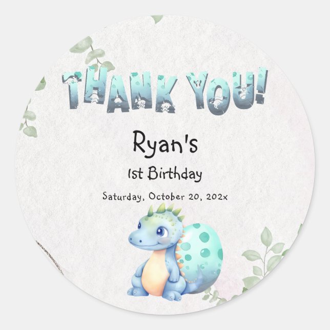 Sticker Rond Aquarelle mignonne Bébé Dinosaure 1er anniversaire (Devant)