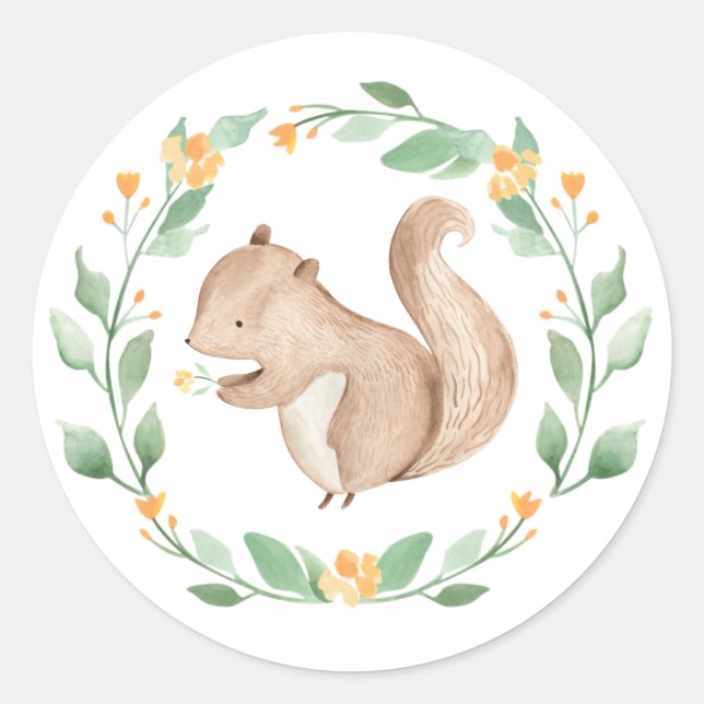 Sticker Rond Aquarelle mignonne Bébé Écureuil vert Wreath (Devant)