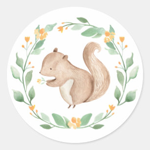 Sticker Rond Aquarelle mignonne Bébé Écureuil vert Wreath
