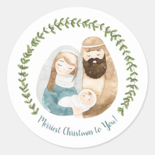 Sticker Rond Aquarelle mignonne Bébé Jésus Nativité Noël