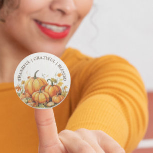 Sticker Rond Aquarelle mignonne Citrouilles Merci Grateful béni