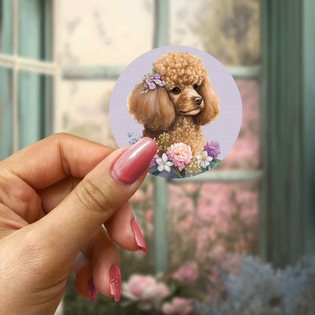 Sticker Rond Aquarelle mignonne de chien de caniche Floral pour (Créateur téléchargé)