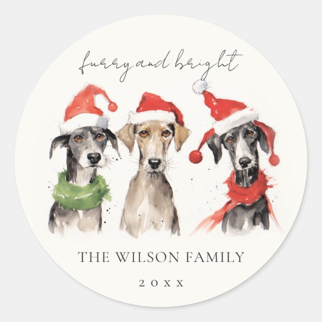 Sticker Rond Aquarelle mignonne fourrage de chien et Noël brill (Devant)