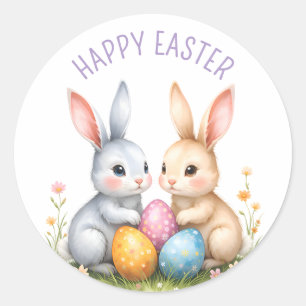 Sticker Rond Aquarelle mignonne lapins de Pâques heureux Pâques
