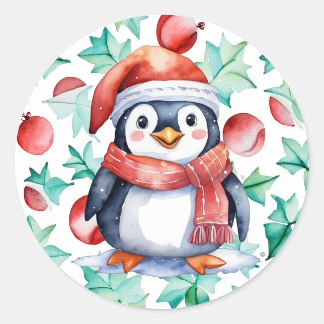 Sticker Rond Aquarelle mignonne Noël Pingouin vacances (Devant)