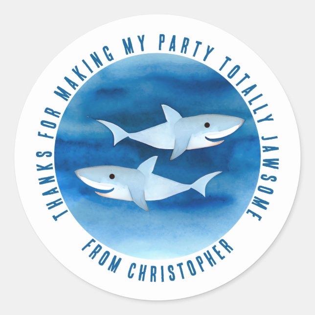 Sticker Rond Aquarelle mignonne requins Merci Favoriser (Devant)