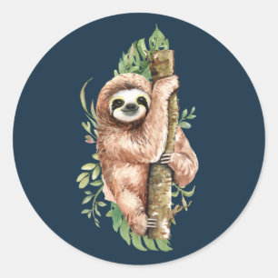 Sticker Rond Aquarelle mignonne Sloth & Feuilles tropicaux