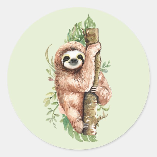 Sticker Rond Aquarelle mignonne Sloth & Feuilles tropicaux (Devant)