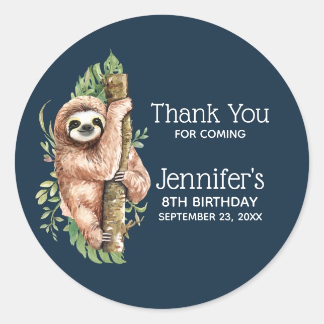 Sticker Rond Aquarelle mignonne Sloth & Feuilles tropicaux Anni (Devant)