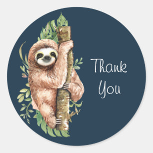 Sticker Rond Aquarelle mignonne Sloth & Merci Feuille Tropical