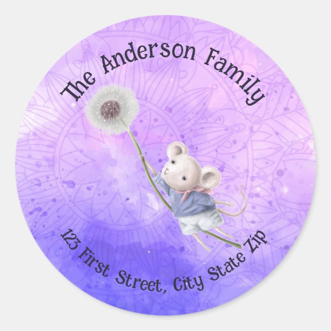 Sticker Rond Aquarelle mignonne Souris Dandelion animal (Devant)