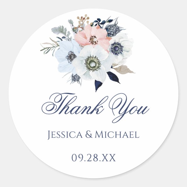 Sticker Rond Aquarelle Moderne Fleur d'anémone Merci Mariage (Devant)