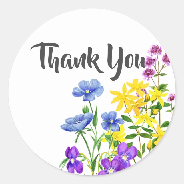 Sticker Rond Aquarelle moderne Fleurs sauvages Merci (Devant)