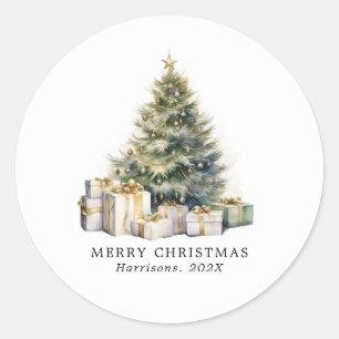 Sticker Rond Aquarelle moderne Joyeux sapin de Noël