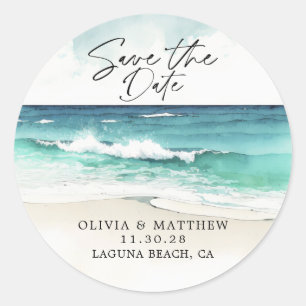 Sticker Rond Aquarelle moderne Ocean Beach Enregistrer la date