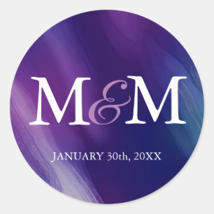 Sticker Rond Aquarelle moderne violet Mariage bleu marine