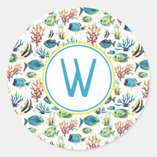 Sticker Rond Aquarelle Monogramme de poissons tropicaux