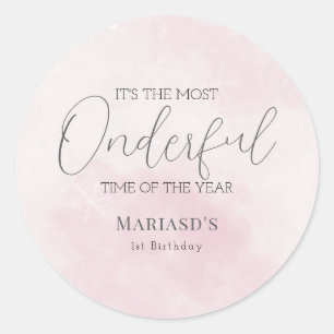 Sticker Rond aquarelle Neige rose 1er anniversaire Noël