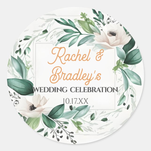 Sticker Rond Aquarelle neutre Mariage floral cadre de verdure (Devant)