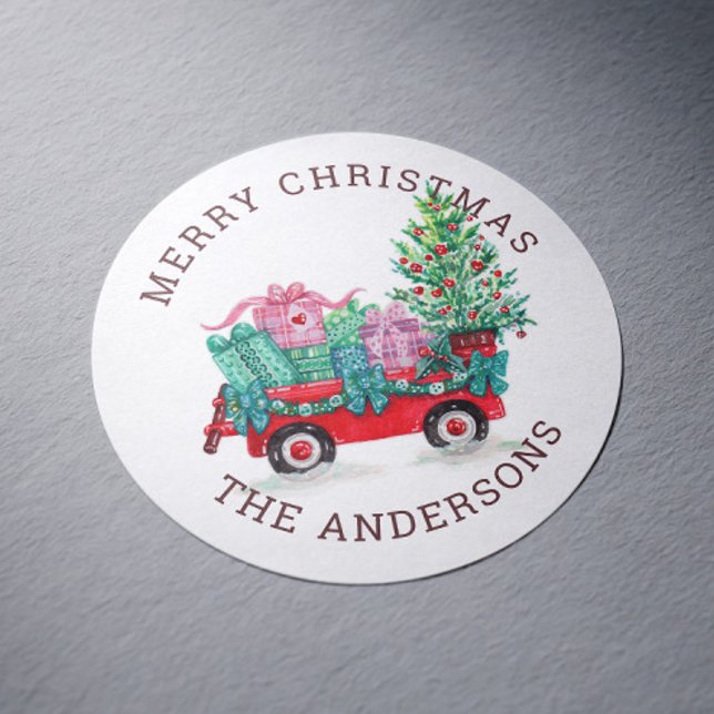 Sticker Rond Aquarelle Noël arbre et boîte vacances d'hiver (Créateur téléchargé)