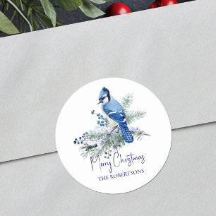 Sticker Rond Aquarelle Noël bleu Jay hiver