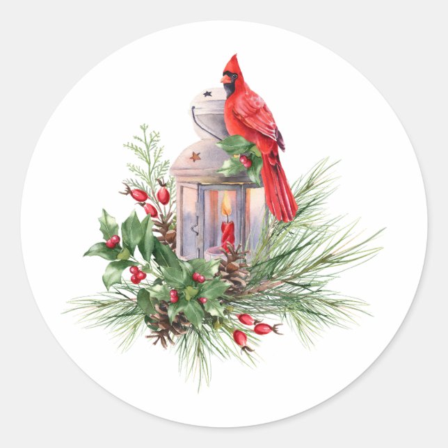 Sticker Rond Aquarelle Noël Cardinal rouge et baies (Devant)