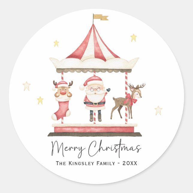 Sticker Rond Aquarelle Noël Carousel du Père Noël (Devant)