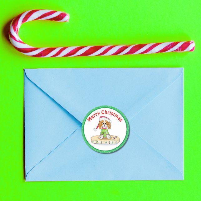 Sticker Rond Aquarelle Noël Cavalier King Charles Spaniel (Créateur téléchargé)