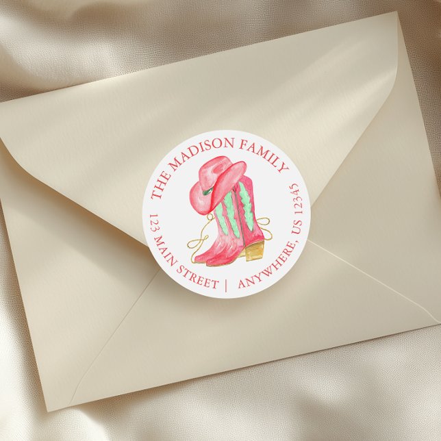 Sticker Rond Aquarelle Noël Cowboy Boot Adresse de retour (Créateur téléchargé)