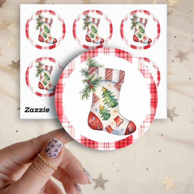 Sticker Rond Aquarelle Noël empilé avec plaid (Créateur téléchargé)