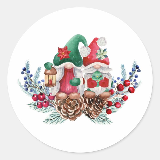 Sticker Rond Aquarelle Noël Gnomes (Devant)