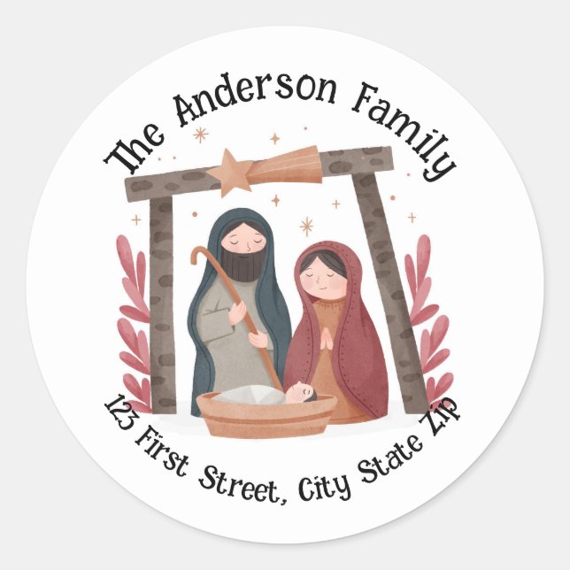 Sticker Rond Aquarelle Noël Nativité Scène (Devant)