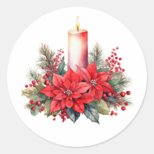 Sticker Rond Aquarelle Noël Poinsettia Fleurs, Berries