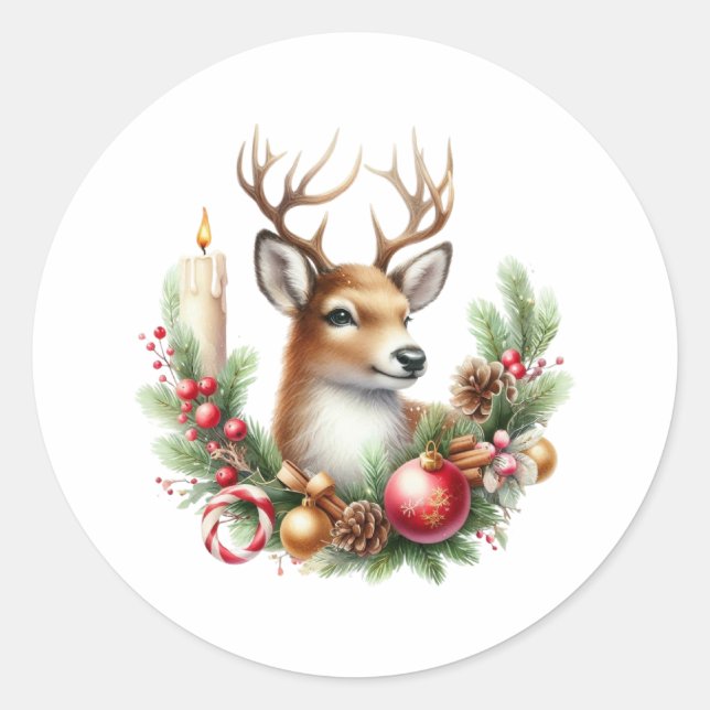 Sticker Rond Aquarelle Noël rennes (Devant)