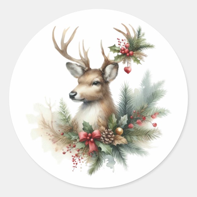 Sticker Rond Aquarelle Noël rennes (Devant)